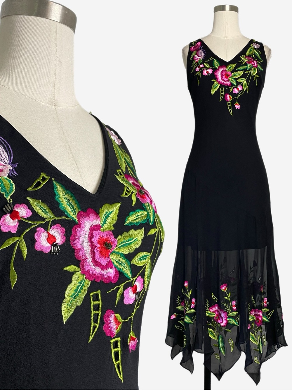 Vintage Y2K Cache Black silk floral embroidered beaded asymmetric dress fairy XS